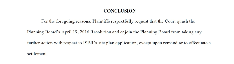 An excerpt of court documents requesting a judge quash a resolution by the Bernards Township Planning Board allowing the Islamic Society of Basking Ridge to reapply for a permit for a mosque.