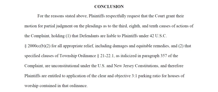 An excerpt of court documents asking a judge to void some parking regulations in Bernards Township, which plaintiffs say targets Muslim houses of worship.
