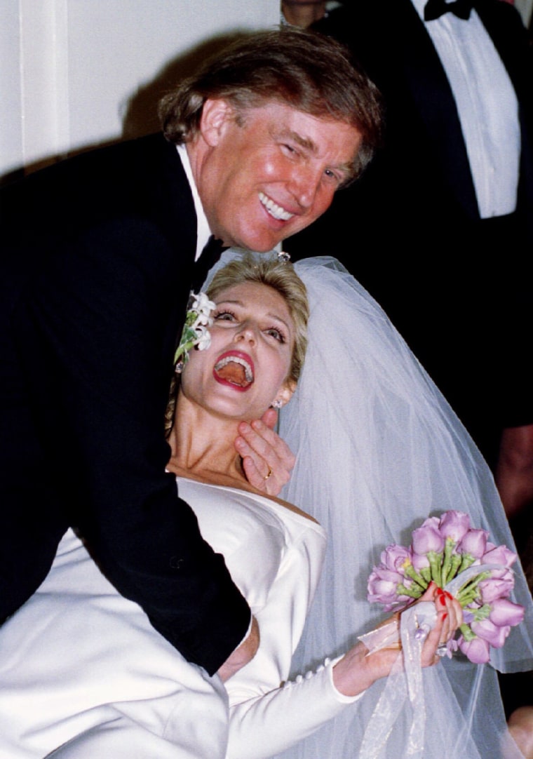 Image: Developer Donald Trump hams it up with his new bride Marla Maples after their wedding at the Plaza h..