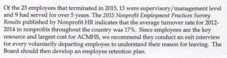 An excerpt taken from the Alameda County audit of Asian Community Mental Health Services detailing staff turnover.