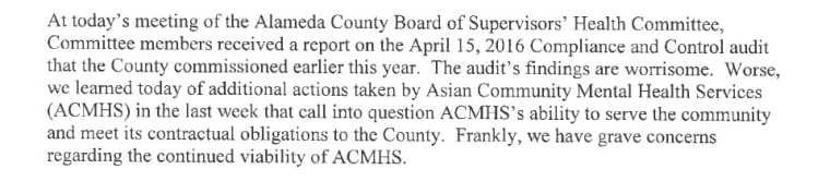 An excerpt of a letter sent from Alameda County Supervisor Wilma Chan to ACMHS executive director Phillip Sun.