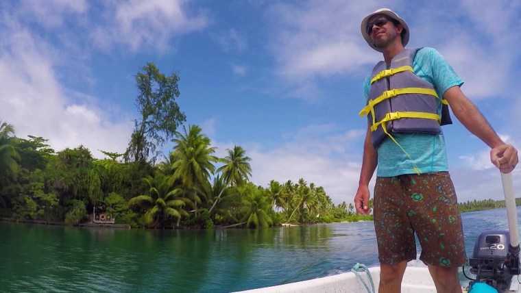 Alex Wegmann, the Palmyra Director with the Nature Conservancy, guides the On Assignment team by boat to get a rare look at the native birds.