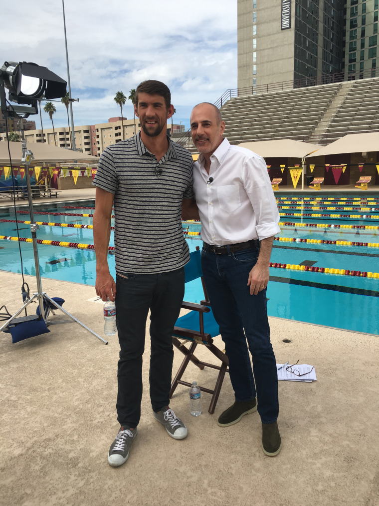 Michael Phelps and Matt Lauer after their interview for 'On Assignment' and the TODAY Show. Matt first interviewed Phelps for the 2004 Athens Olympic Games where the decorated swimming won six gold medals.