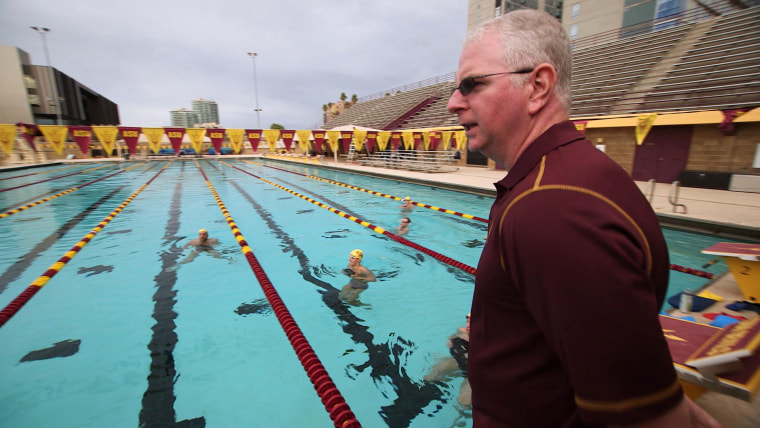 Phelps' longtime coach Bob Bowman at Arizona State University where he is training Phelps for the upcoming Olympic Games. "I still push him hard, probably further than he wants to be pushed sometimes. But it's all about the swimming now," Bowman told Lauer about Phelp's training.