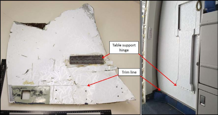 A comparison of one of the recovered items with a MAB Boeing 777 Door R1 panel assembly.