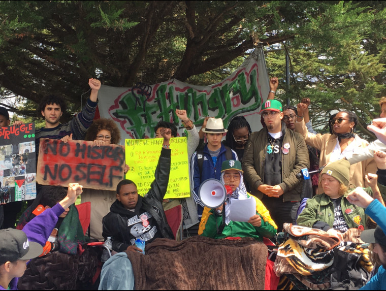 SFSU College of Ethnic Studies press conference with Third World Liberation Front 2016 hunger strikers: Julia Retzlaff, 19; Ahkeel Andres Mestayer, 20; Hassani Bell, 18; and Sachiel Rossen, 19, on May 9, 2016.