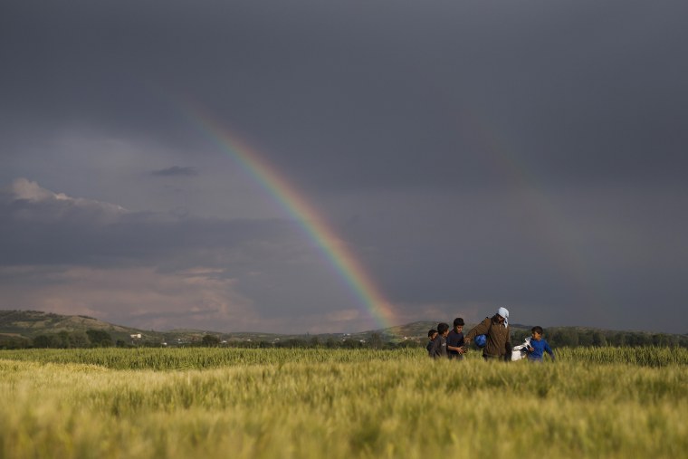 Image: Syrian refugees walk on fields in front of a rainbow at the northern Greek border point of Idomeni