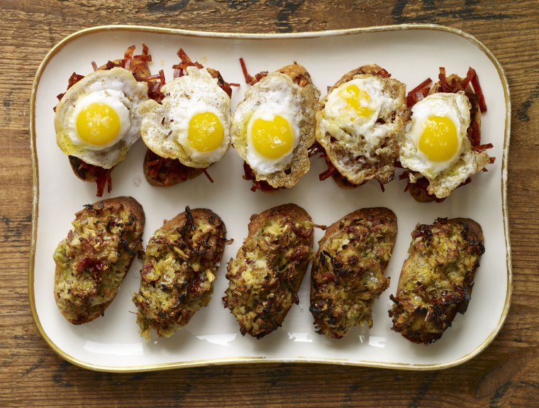 The Basque Book's open-faced fried quail egg chorizo sandwich.