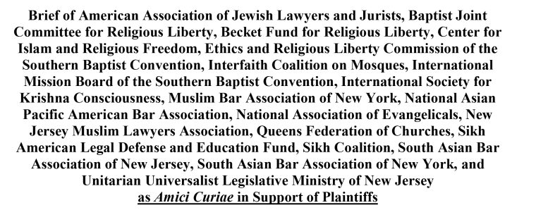 An excerpt of court documents listing the organizations signing on to an amicus brief supporting the Islamic Society of Basking Ridge.