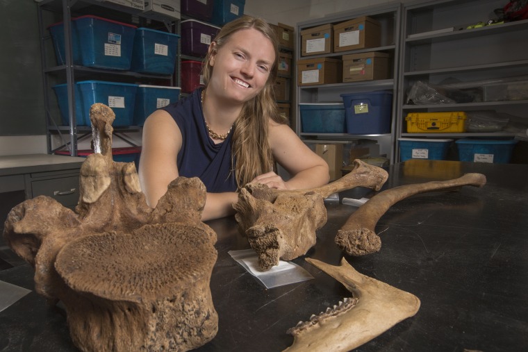 Jessi Halligan poses with some of the mastodon bones found at the site
