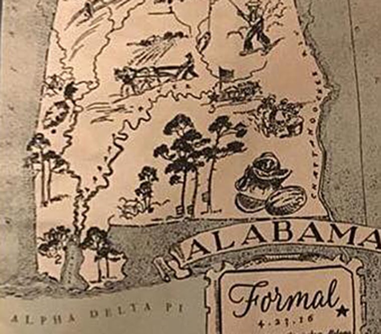 A shirt designed for the Alpha Delta Pi sorority at Samford University, includes imagery of an African-American man eating watermelon and a slave picking cotton.
