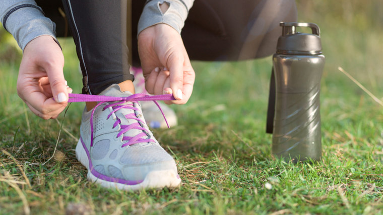 Woman, sneakers, exercise, water bottle