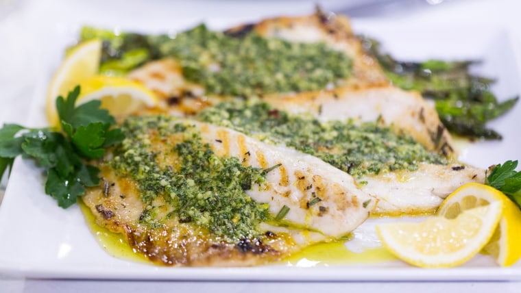 Seamus Mullen's superfood recipe for grilled branzino fish with anchovy and rosemary pesto