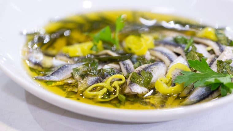 Seamus Mullen's superfood recipe for marinated anchovies with pickled peppers and fried rosemary