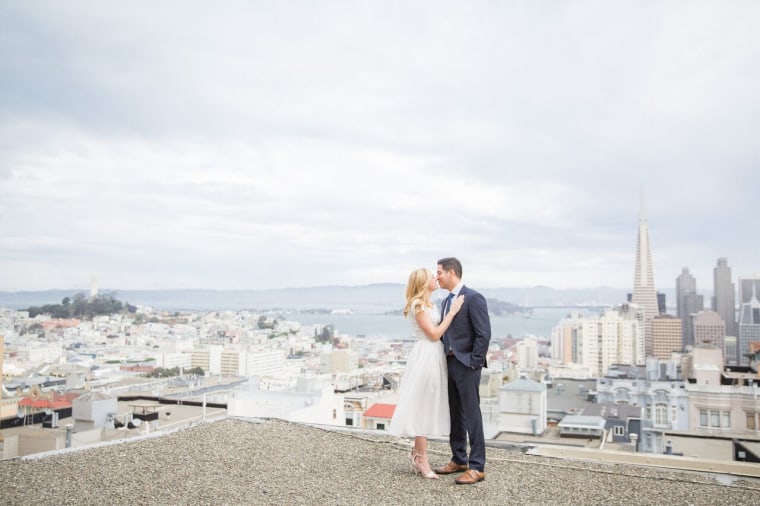 bride grandmother's wedding dress engagement photos