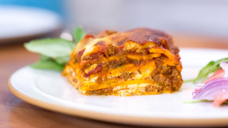 Kevin Curry cooks up low-calorie, gluten-free sweet potato lasagna with watermelon, feta and arugula salad