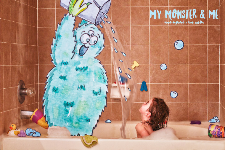 Mia, 3, with Maximus. "I don't like to get soap in my eyes when I wash my hair, but my monster makes it fun," said Mia.