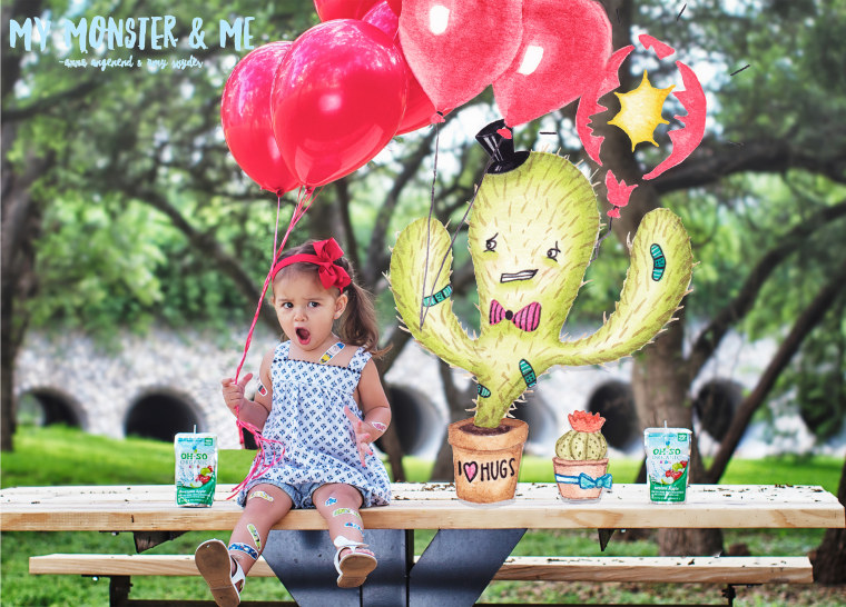 Marie Elise, 2, with Larry the cactus. "He popped my balloons," said Marie Elise.