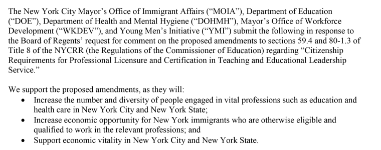 An excerpt of a letter from various New York City departments to the New York State Board of Regents regarding proposed changes to professional licenses related to differed action status.