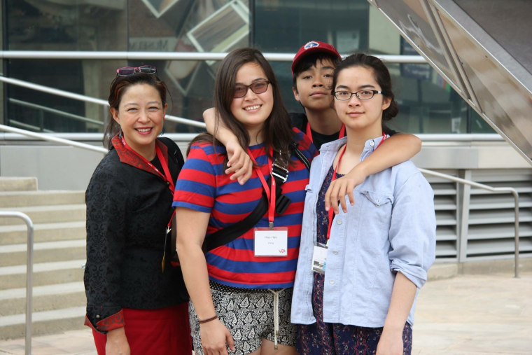 Frances Kai-Hwa Wang with children Hao Hao, Little Brother, and Niu Niu outside the Japanese American National Museum during the V3 Asian American digital media conference in Los Angeles, 2015.