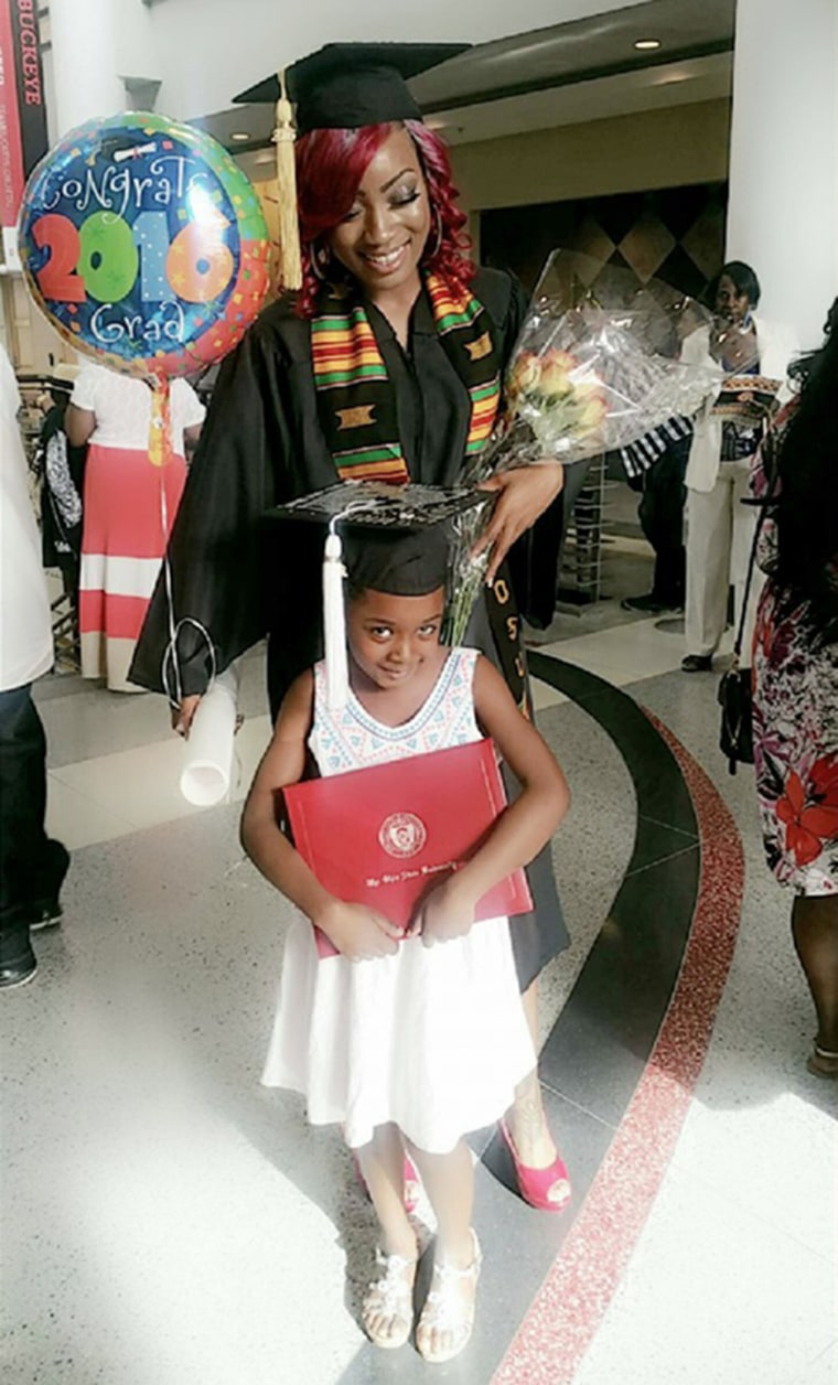 Janel Lanae, a teen mom who grew up in an abusive home, overcame all odds and graduated college this year, debt-free. She's seen with her daughter Malena, 7.
