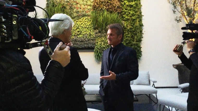 Keith Morrison talks with Sean Penn at the launch event for the Parker Institute for Cancer Immunotherapy. "I challenge cancer to beat this guy," Penn said of Sean Parker.