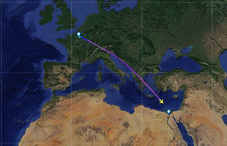 A line shows the flight path of EgyptAir Flight MS804.