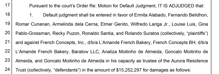 An excerpt of court documents detailing the default judgment in the human trafficking case against Almeidas.