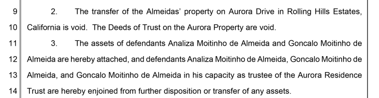 An excerpt of court documents detailing the restrictions on the Almeidas' property.
