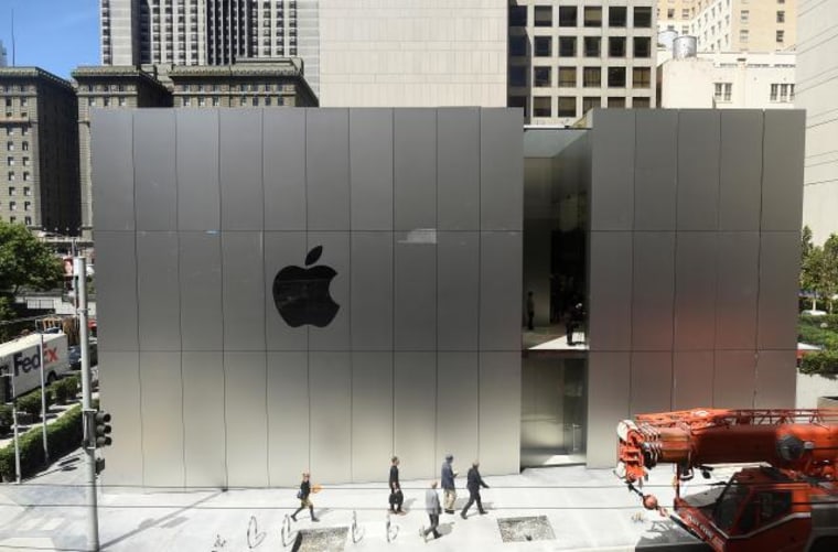 An Apple logo adorns the wall of Apple's new retail store in San Francisco