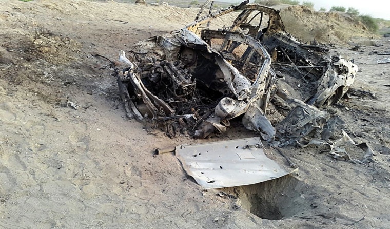 Image: Photo purporting to show Mansoor's destroyed vehicle