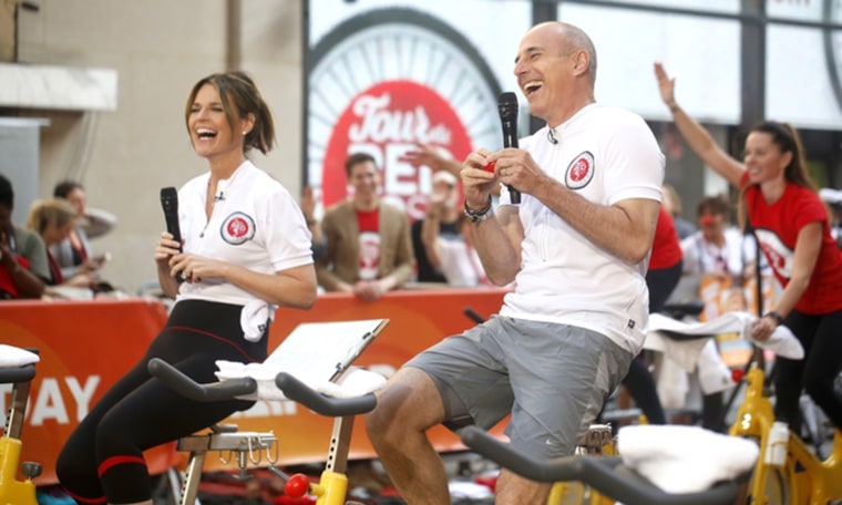 Savannah Guthrie and Matt Lauer pedal for Red Nose Day on TODAY.