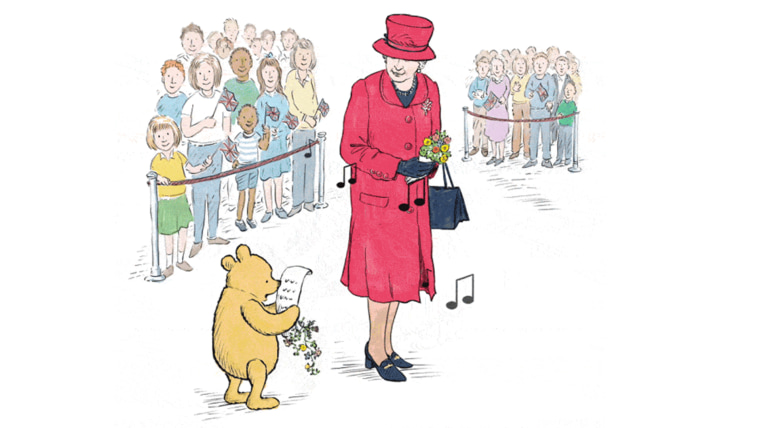 Image of Winnie-the-Pooh greeting Queen Elizabeth