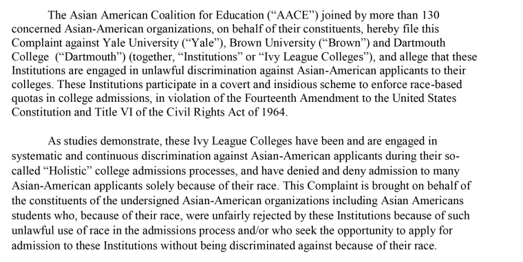 An excerpt of a complaint by the Asian American Coalition for Education detailing alleged discrimination by Ivy League schools.