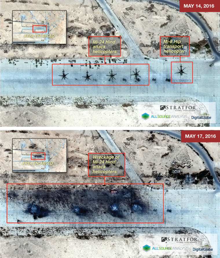 Satellite imagery shows the T4 Syrian air base near the city of Palmyra before and after a reported Islamic State artillery attack.