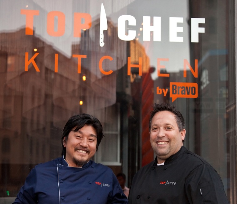 Edward Lee, left, in front of the Top Chef kitchen.