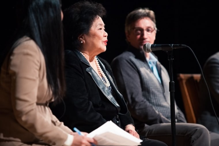 Thurlow speaking at the Japan Society in October 2012 with Harry Truman's eldest grandson, Clifton Truman Daniel at the left.