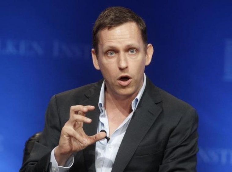 Thiel, partner of Founders Fund, speaks during the panel discussion at the Milken Institute Global Conference in Beverly Hills, California