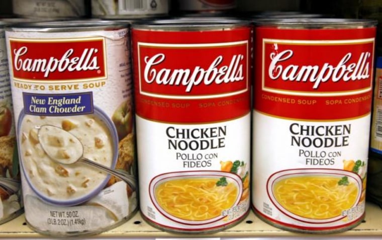 Cans of Campbell's soup line the shelves at a local grocery store in Golden