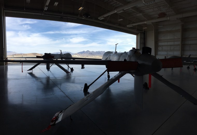 Two Predator drones in hangar at Creech AFB outside Las Vegas, Nevada.