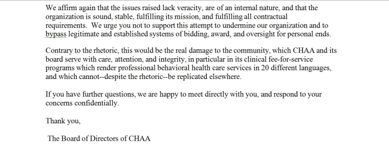 An excerpt of a letter from the Community Health for Asian Americans board of directors to the Alameda County Board of Supervisors.