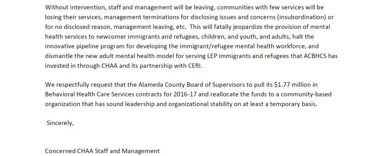 An excerpt of a letter from "Concerned CHAA Staff and Management" delivered to the Alameda County Board of Supervisors.