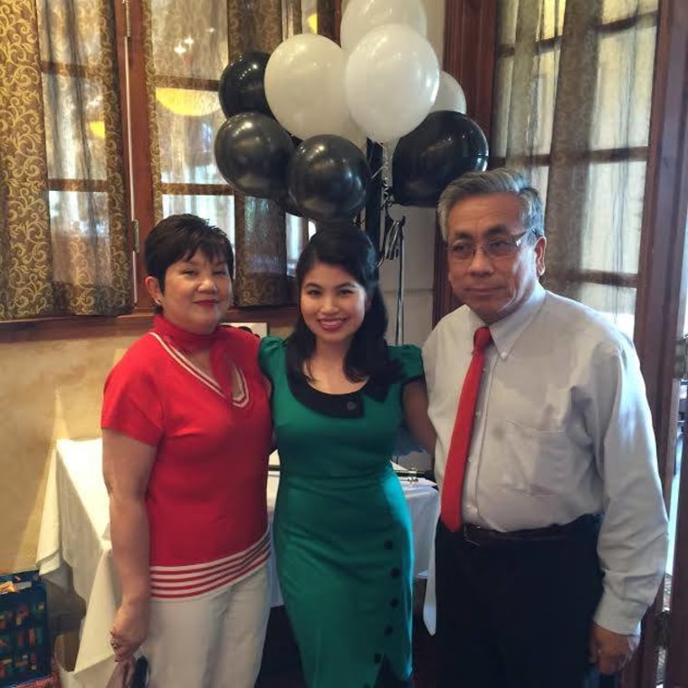 Gimeno with her mother and father at her 2015 "Mad Men" themed birthday party.