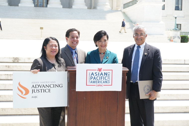 Reps. Judy Chu (D-CA) and Bobby Scott (D-VA), AAAJ-AAJC executive director Mee Moua, and NCAPA national director Christopher Kang hold a press conference on the steps of the U.S. Supreme Court urging Senate Republicans to hold confirmation hearings for U.S. Supreme Court Justice nominee Merrick Garland and seven other Asian American and Pacific Islander judges.