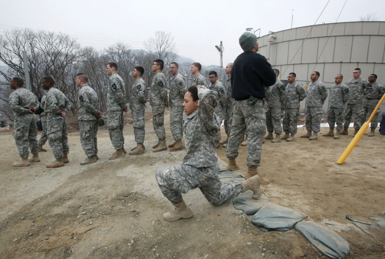 Y.S. Army soldiers participate in an air assault training course at a U.S. Army base in Dongducheon, South Korea, in 2013.