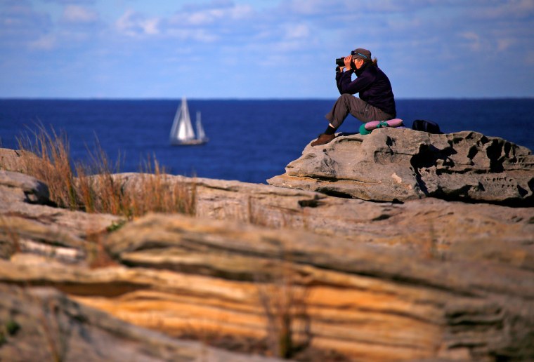Image: A boat sails behind a woman looking through binoculars as she sits on a cliff on a sunny day in Sydney, Australia
