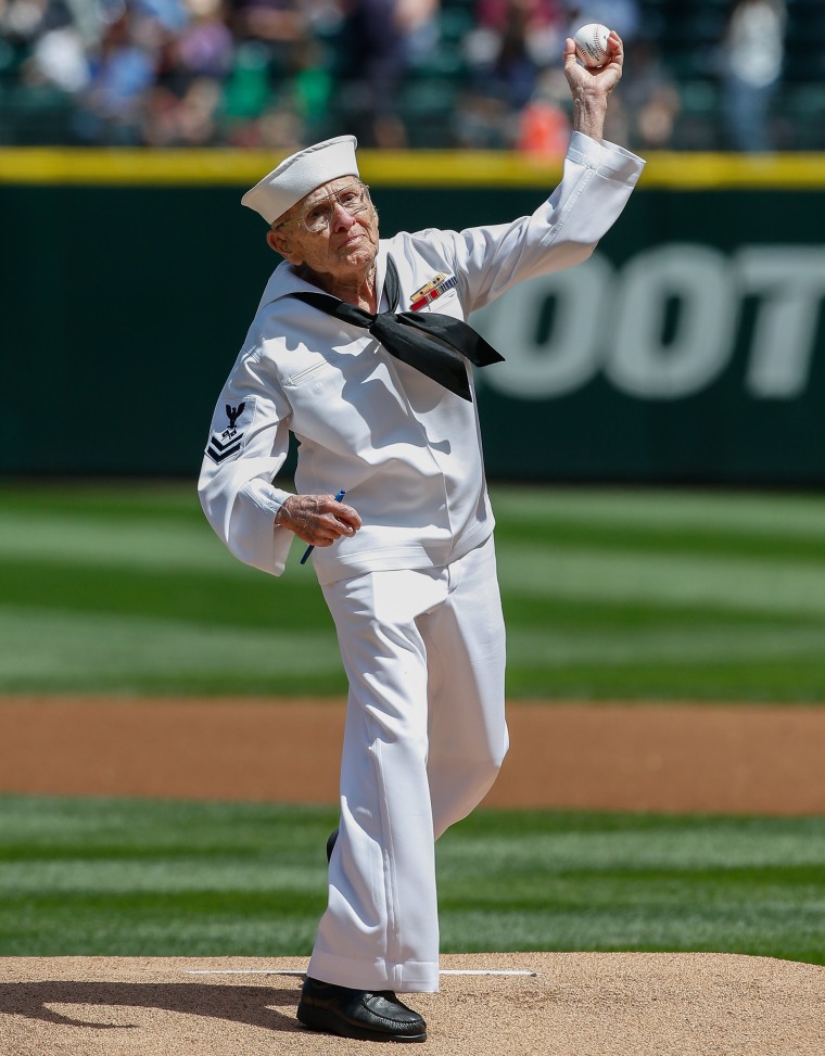 World War II vet Burke Waldron throws out first pitch at Seattle game