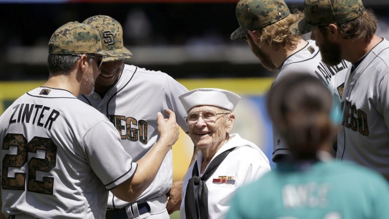 World War II veteran Burke Waldron before he threw out first pitch in Seattle.