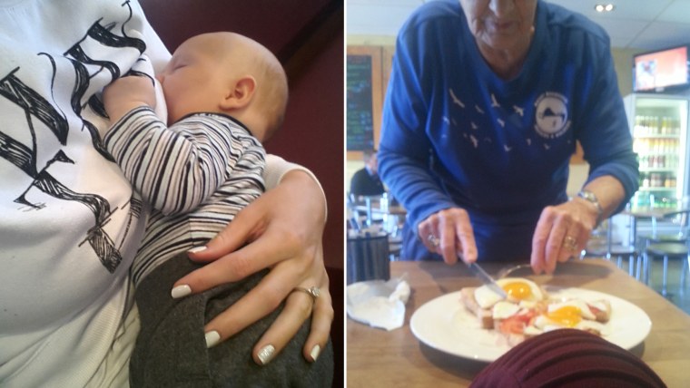 Mom breastfeeding, helped when a kind stranger cut her food for her