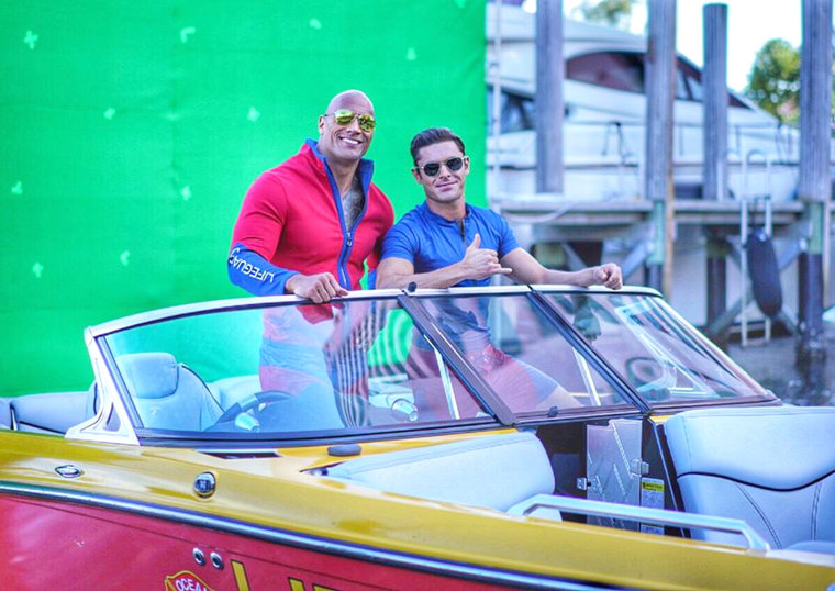 The Rock and Zac Efron on the set of Baywatch